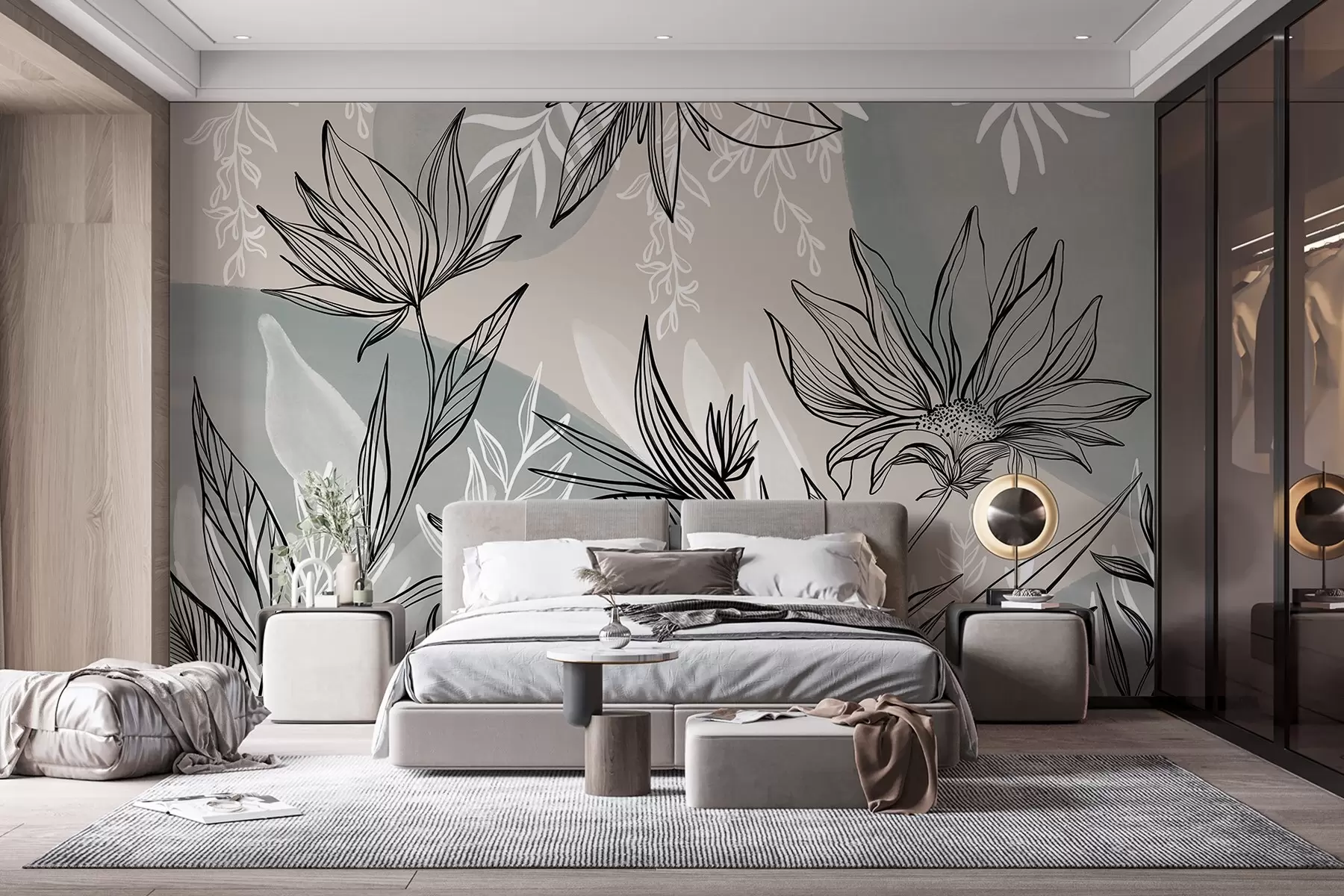 Valokuvatapetti Kukkainen viivataide, jossa on suuria lehtiä ja kukkia, taustalla beigeä ja sinistä akvarelliväriä vasten  w08865