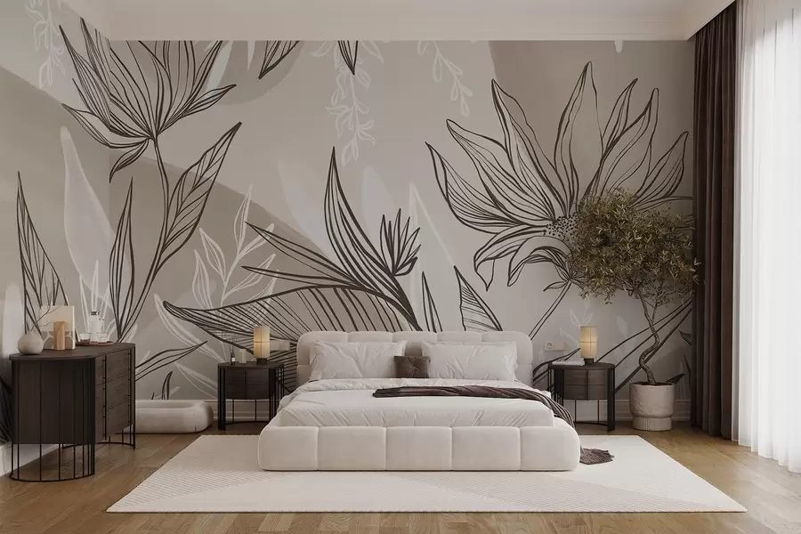 Valokuvatapetti Floral viivataidetta, jossa on suuria lehtiä ja kukkia, taustalla beige akvarelliväri pesee  w08865v1
