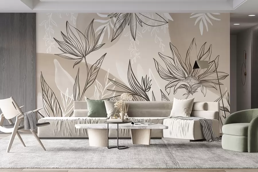 Valokuvatapetti Floral viivataidetta, jossa on suuria lehtiä ja kukkia, taustalla beige akvarelliväri pesee  w08865v1