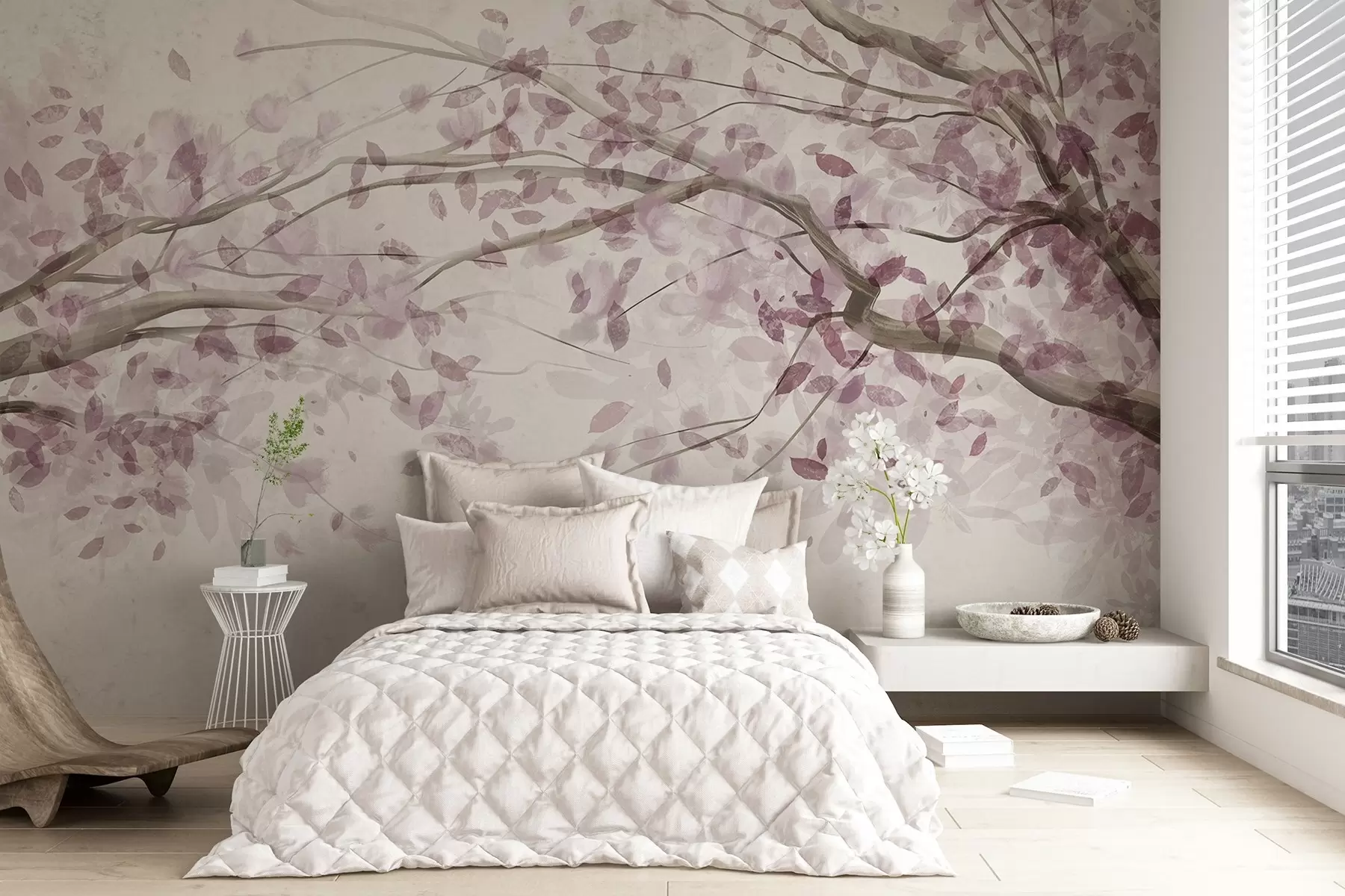 Valokuvatapetti Kukkien oksat ja vaaleanpunaiset lehdet, pehmeät värit, herkät yksityiskohdat, akvarellityyli, vaaleaa taustaa vasten w08867