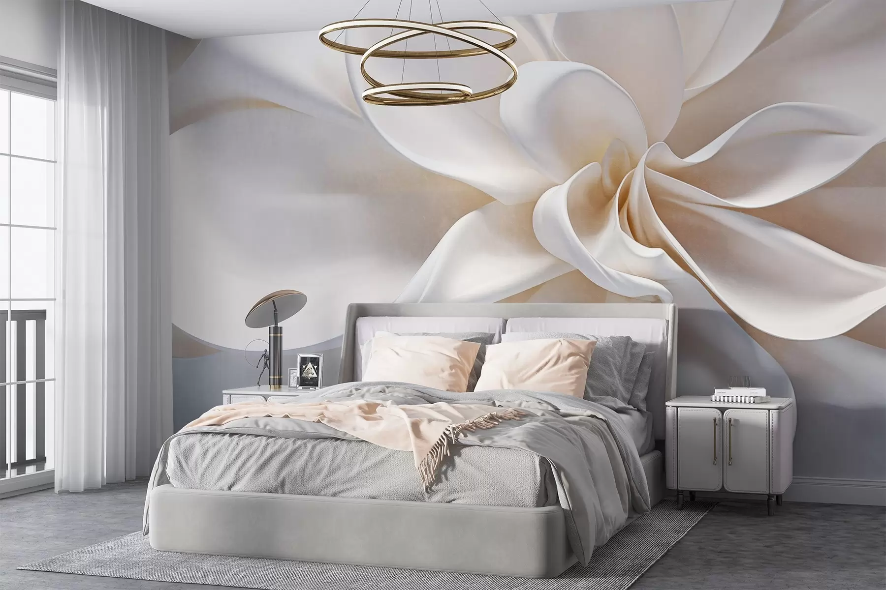 Valokuvatapetti Valkoinen pastellivärinen kuvioitu minimalistinen kukka, jossa on pehmeät terälehdet, kevyt ja ilmava, valkoisella pohjalla w08868