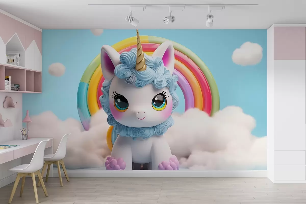 Valokuvatapetti 3D söpö yksisarvinen pilvien ja sateenkaaren ympäröimänä w08848