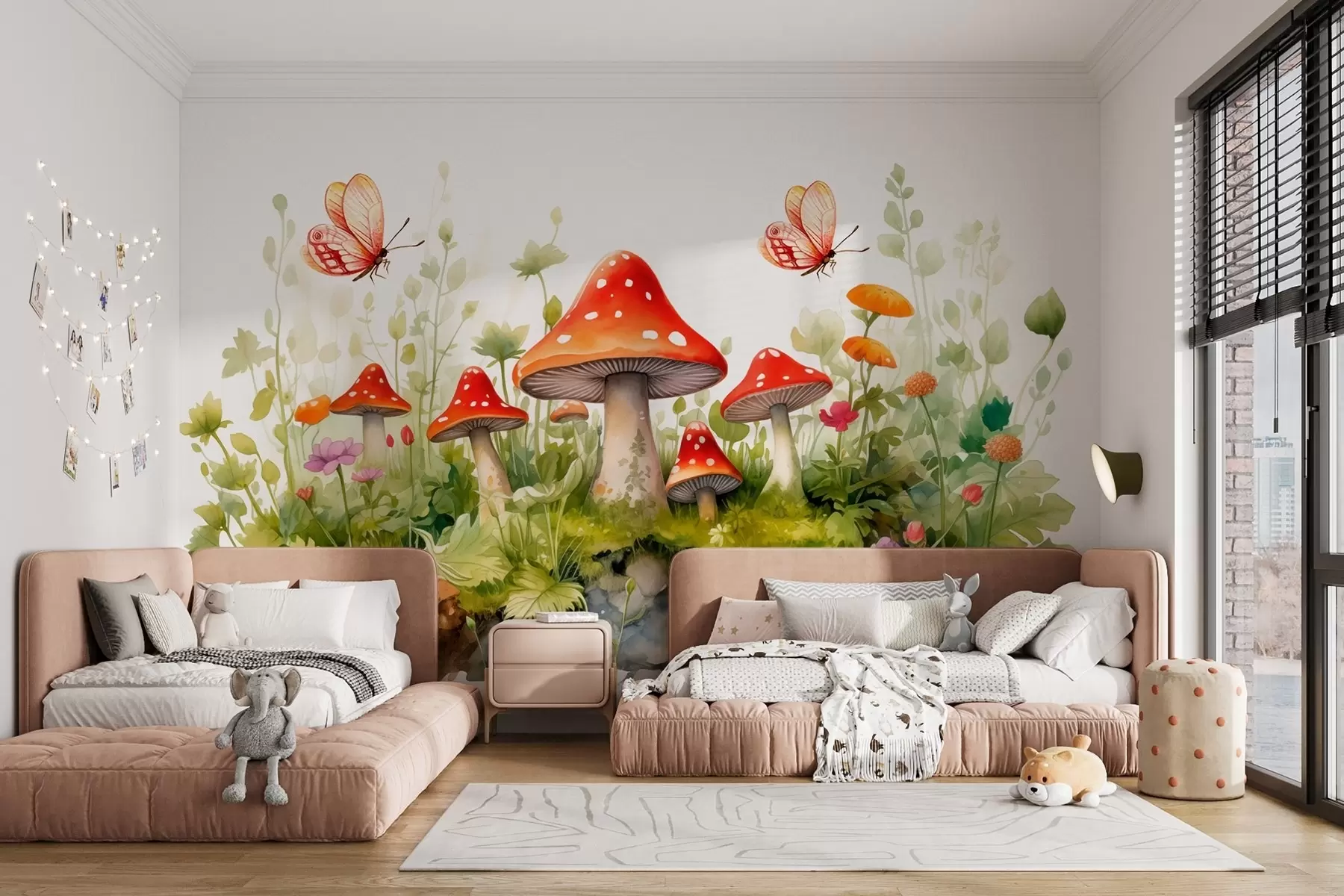 Valokuvatapetti Metsämaisema valkoisella pohjalla akvarellityylillä, jossa on sieniä, sammakoita ja perhosia w08854