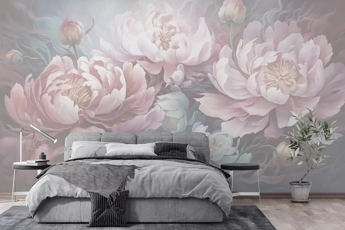 Valokuvatapetti Satumainen pionit siveltimenvedolla tyyliin viileillä sävyillä w08879v1