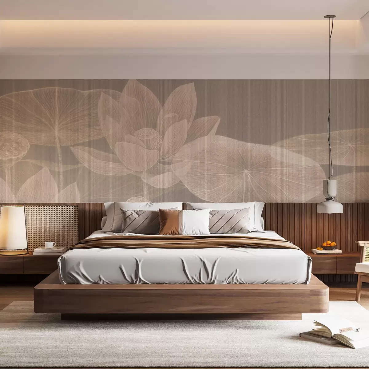 Valokuvatapetti Elegantti kuvitus lootuksista ja liljapatjoista pastellinsävyisissä sävyissä, joissa on kuvioitu pellavaefekti, w03324v1