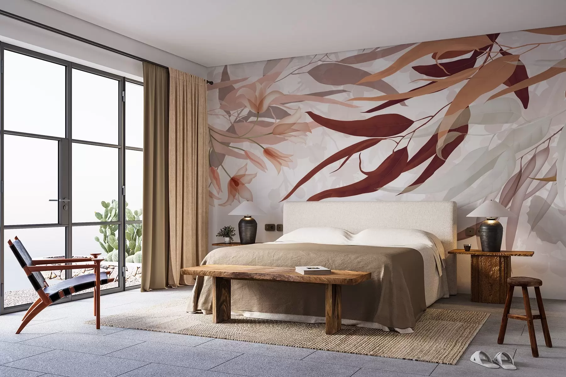 Valokuvatapetti Eukalyptuksen lehtiä bordon, beigen ja valkoisen sävyissä, hentoja kukkia ja oksia valkoisella pohjalla w08887