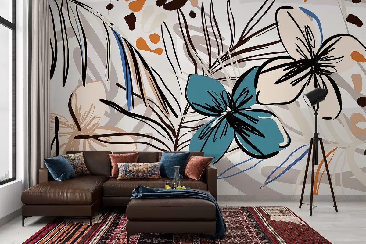 Valokuvatapetti Moderni abstrakti tuloste, jossa on trooppisia palmunlehtiä, sinisiä ja beigejä kukkia, mustia viivoja, vaalea tausta w08889