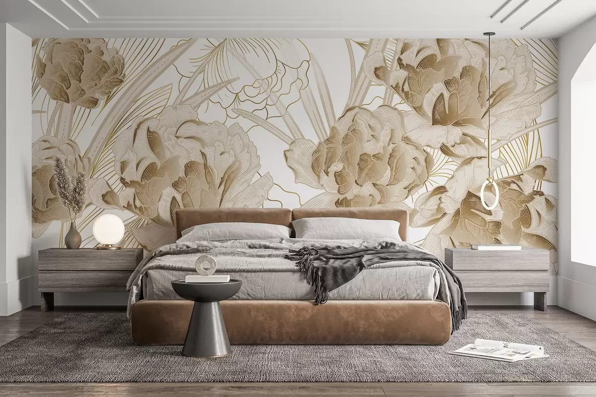 Valokuvatapetti Beige pionit lehdillä valkoisella pohjalla, kukkasuunnittelu, kasvitieteellinen kuvitus  w08897