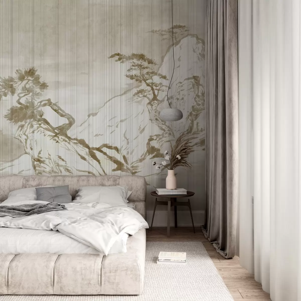 Valokuvatapetti Perinteinen kiinalainen yksivärinen maisemakuva, jossa on vuoria, puita ja sumua w03379