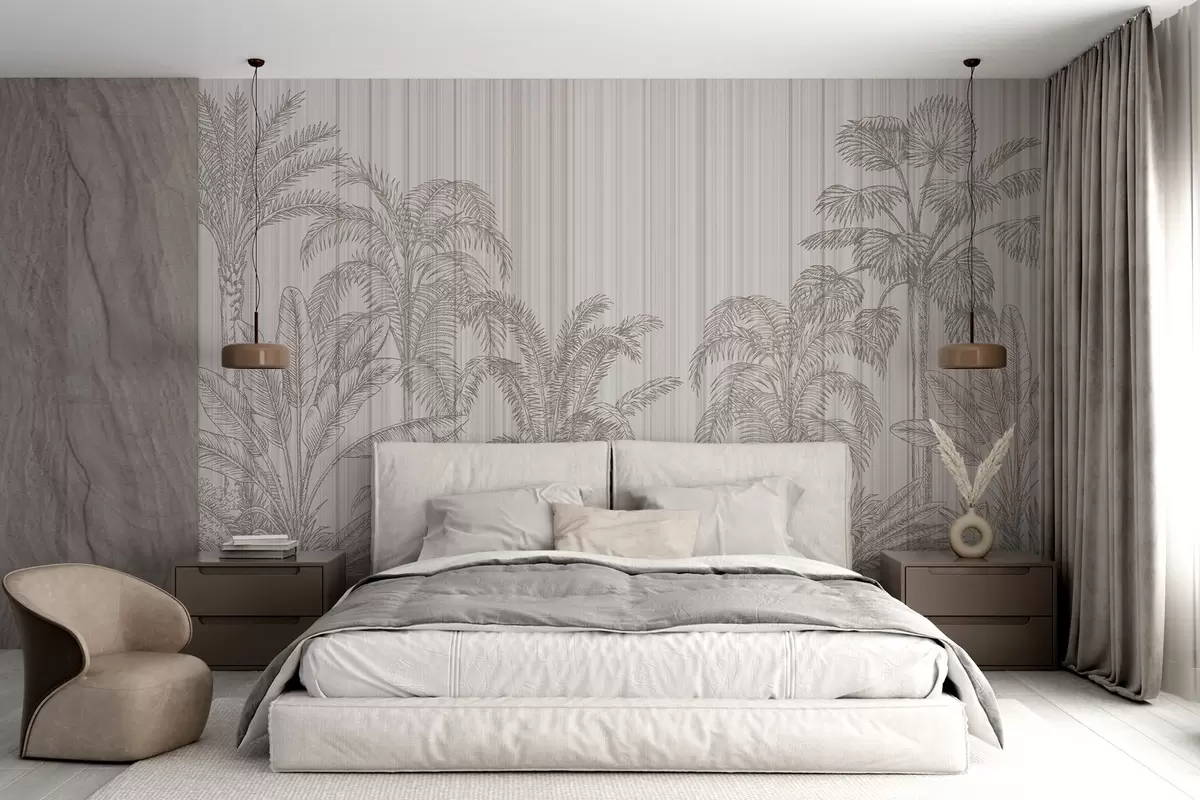 Valokuvatapetti Vintage kuvitus trooppisia kasveja ja palmuja kuvioitu tausta w03383