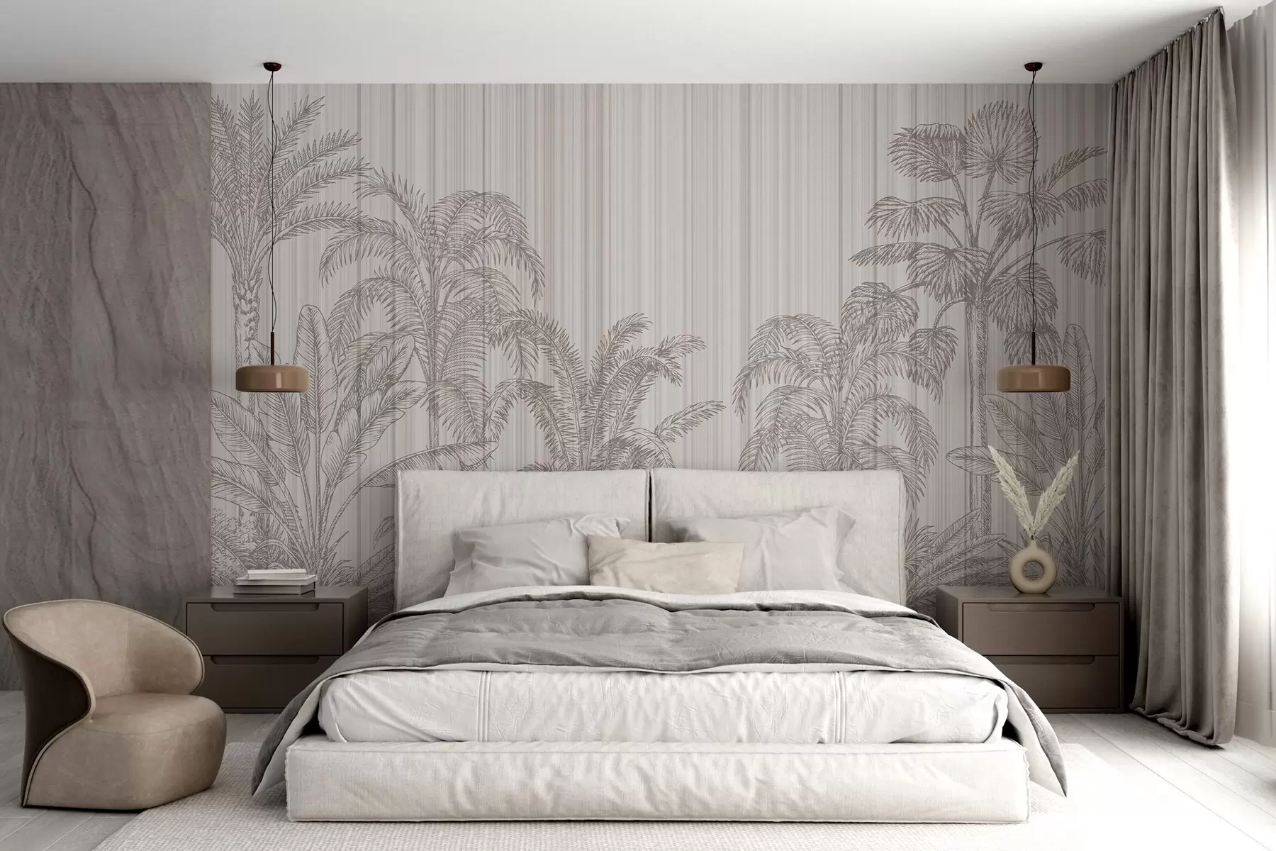 Valokuvatapetti Vintage kuvitus trooppisia kasveja ja palmuja kuvioitu tausta w03383