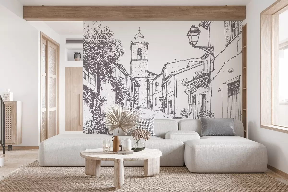 Valokuvatapetti Kaupunki katu, kaunis arkkitehtuuri, rakennukset, Välimeri, viiva piirustus, beige väri w03345v1