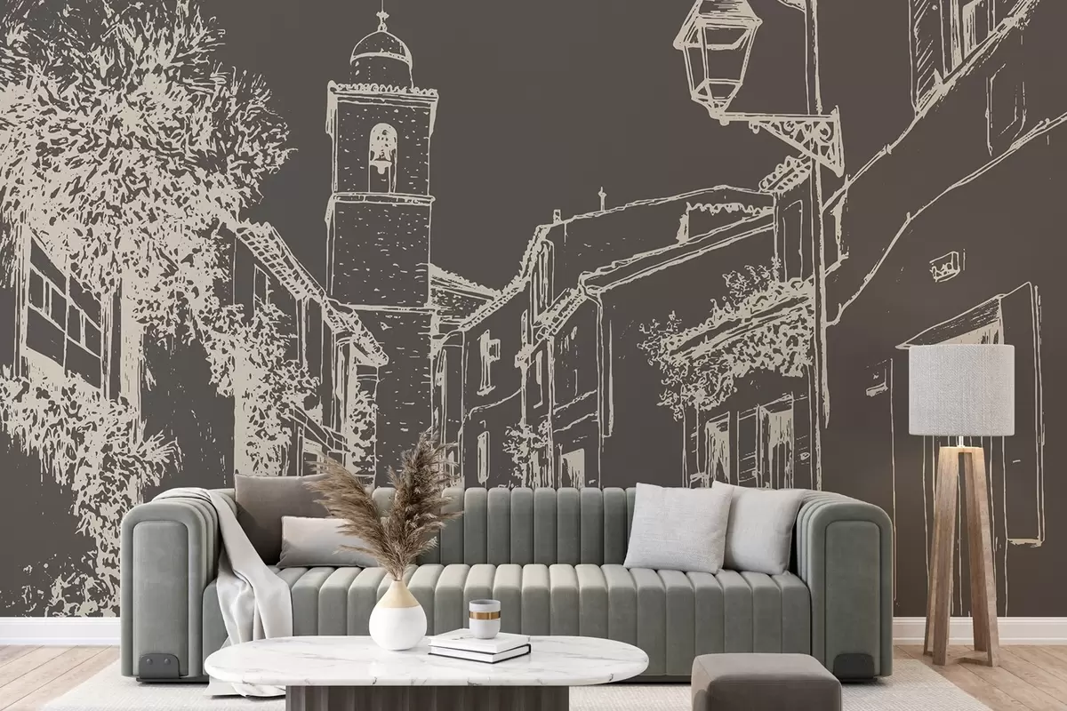 Valokuvatapetti Kaupunki katu, kaunis arkkitehtuuri, rakennukset, Välimeri, viiva piirustus, tumma väri w03345v2