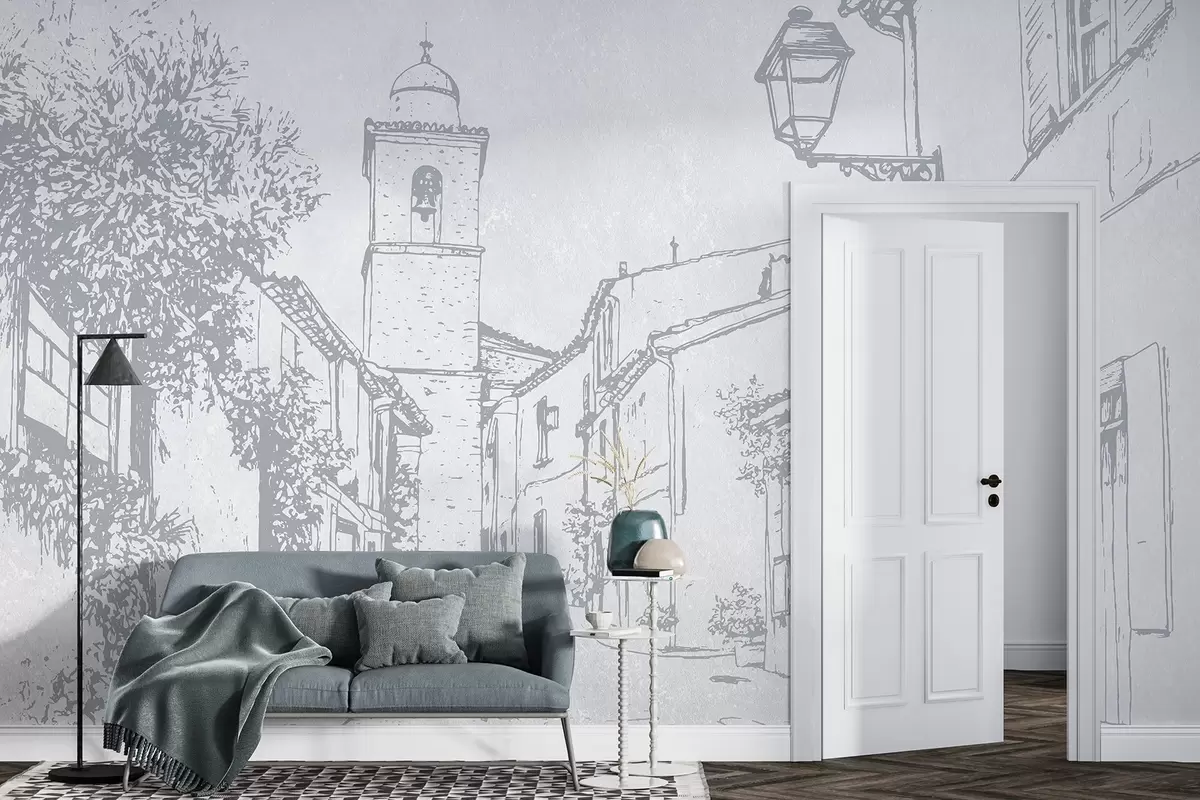 Valokuvatapetti Kaupungin katu, kaunis arkkitehtuuri, rakennukset, Välimeri, siniset värit w03346v1