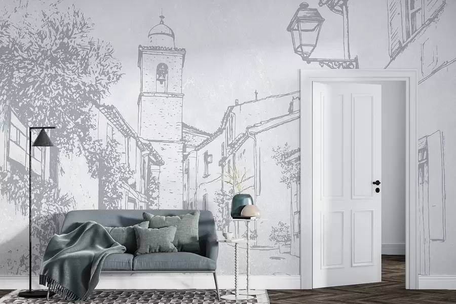 Valokuvatapetti Kaupungin katu, kaunis arkkitehtuuri, rakennukset, Välimeri, siniset värit w03346v1