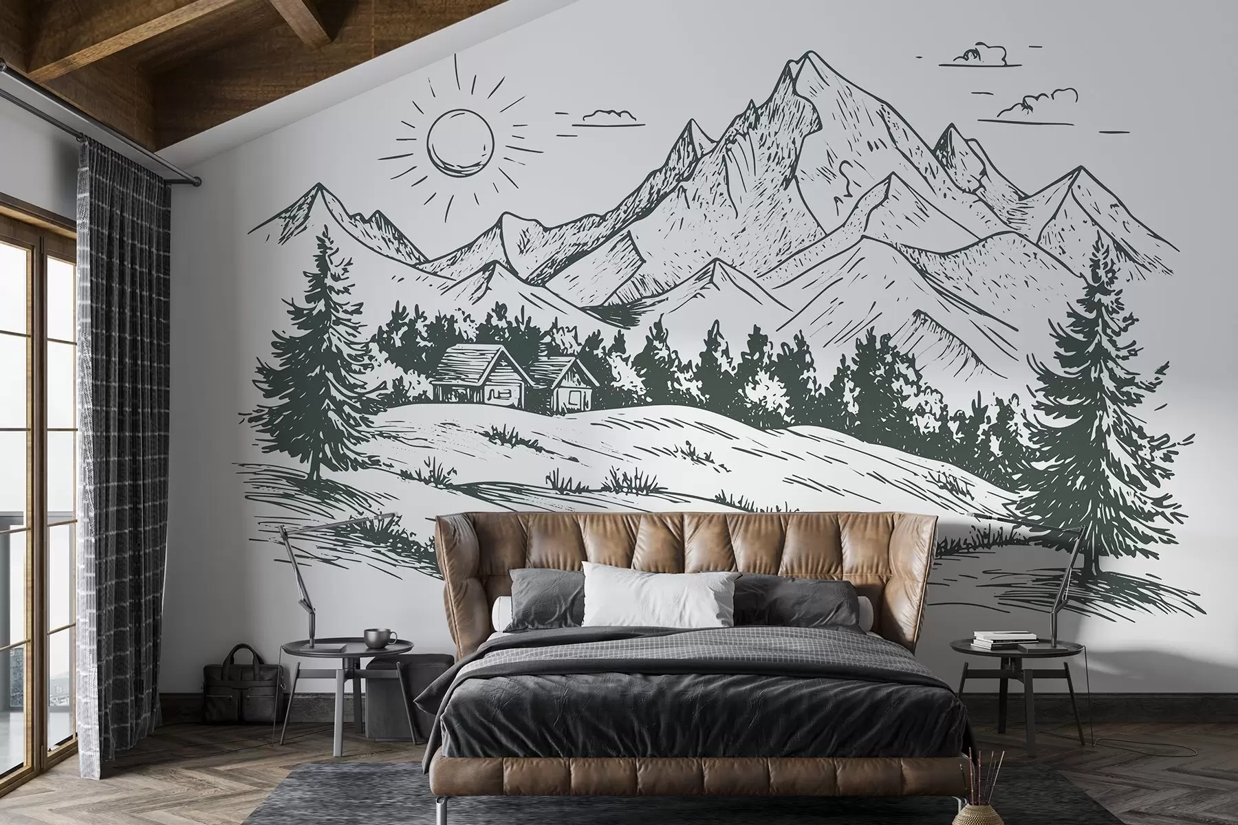 Valokuvatapetti Vuoret piirustus, luontomaisemat, metsä, puutalot, vihreä väri w03347