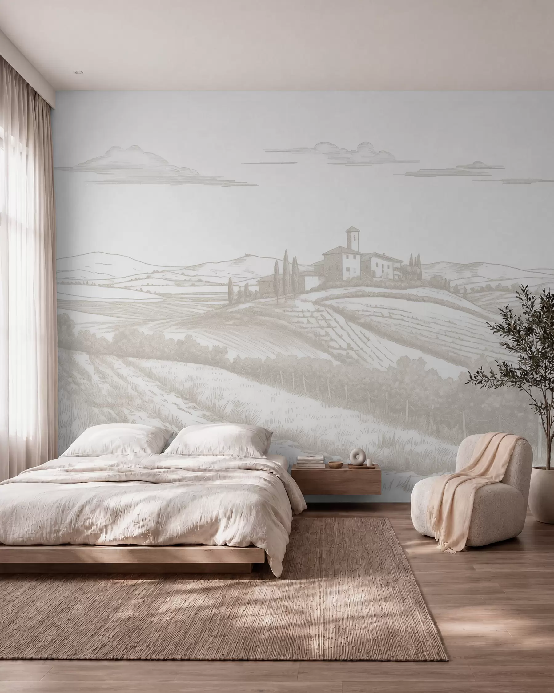 Valokuvatapetti Toscanan maisemat, Italia, viinitarhoja, luonto, vanha linna, beige värit w03349