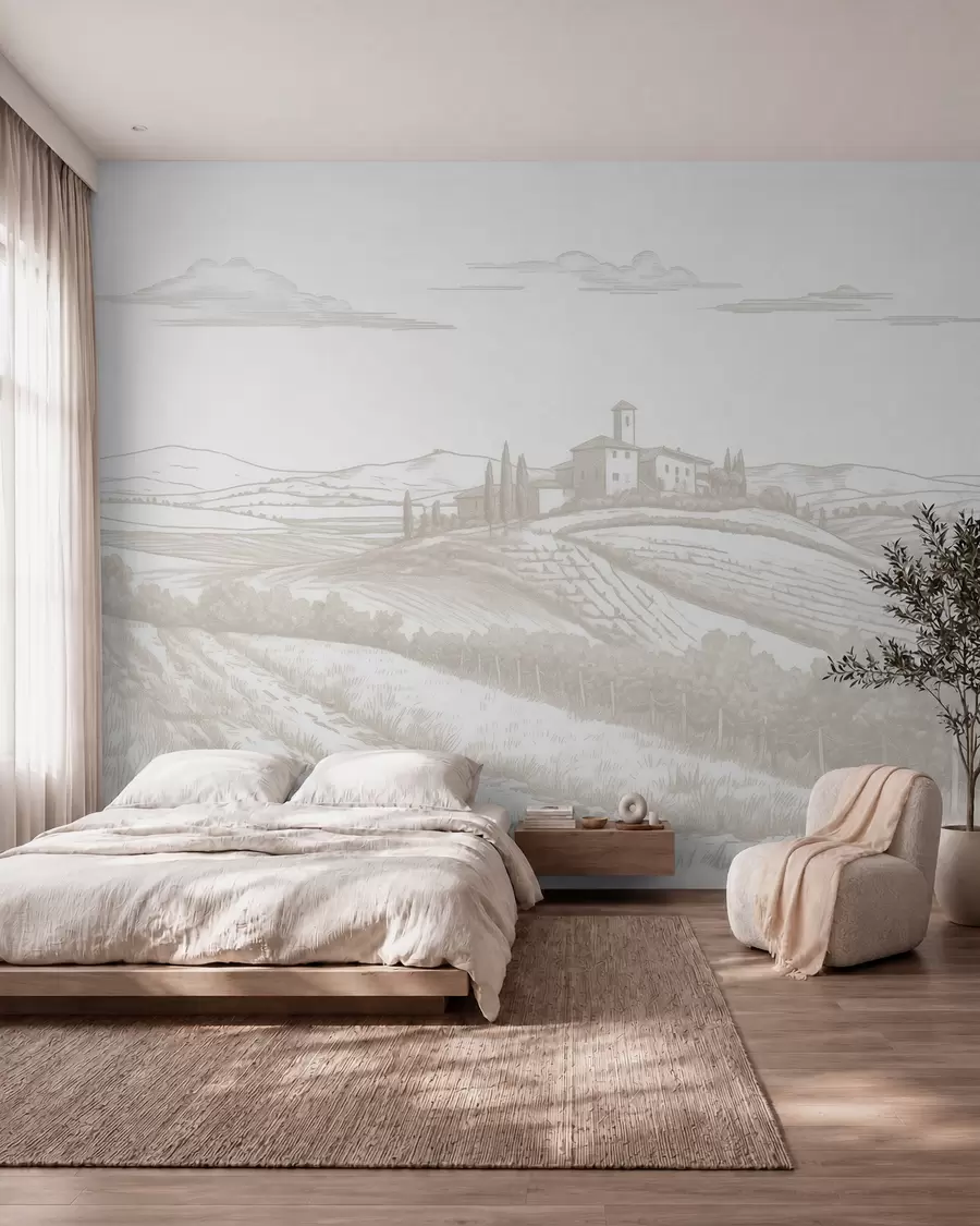Valokuvatapetti Toscanan maisemat, Italia, viinitarhoja, luonto, vanha linna, beige värit w03349