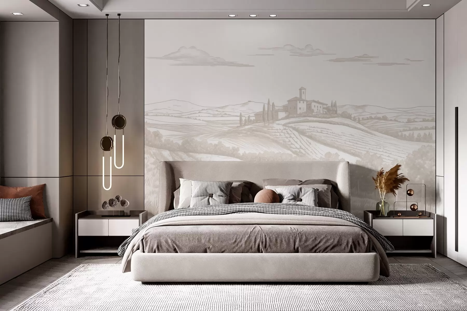 Valokuvatapetti Toscanan maisemat, Italia, viinitarhoja, luonto, vanha linna, beige värit w03349