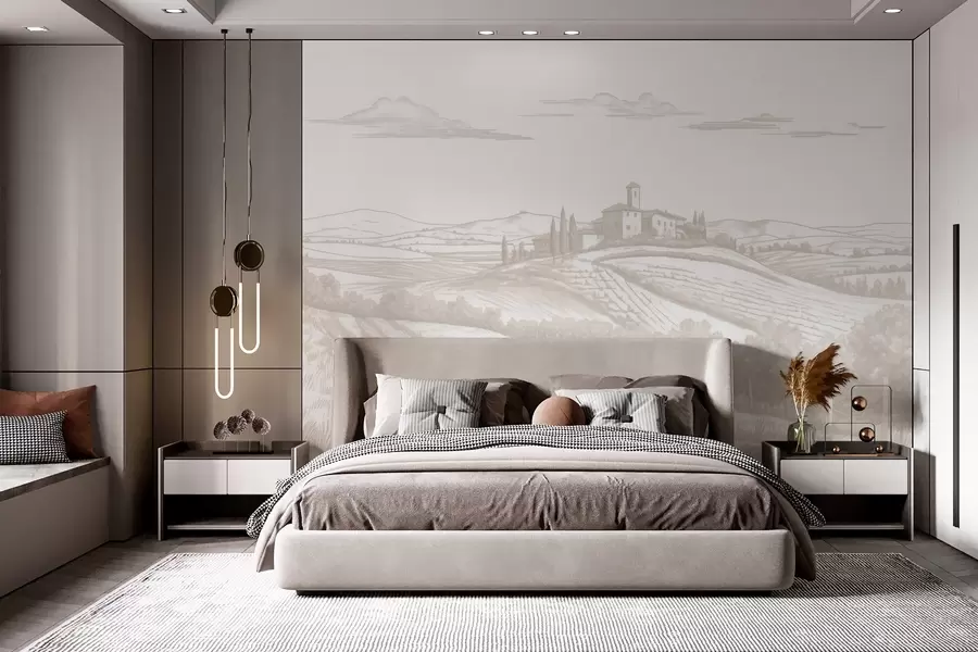 Valokuvatapetti Toscanan maisemat, Italia, viinitarhoja, luonto, vanha linna, beige värit w03349