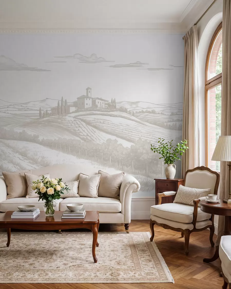 Valokuvatapetti Toscanan maisemat, Italia, viinitarhoja, luonto, vanha linna, beige värit w03349