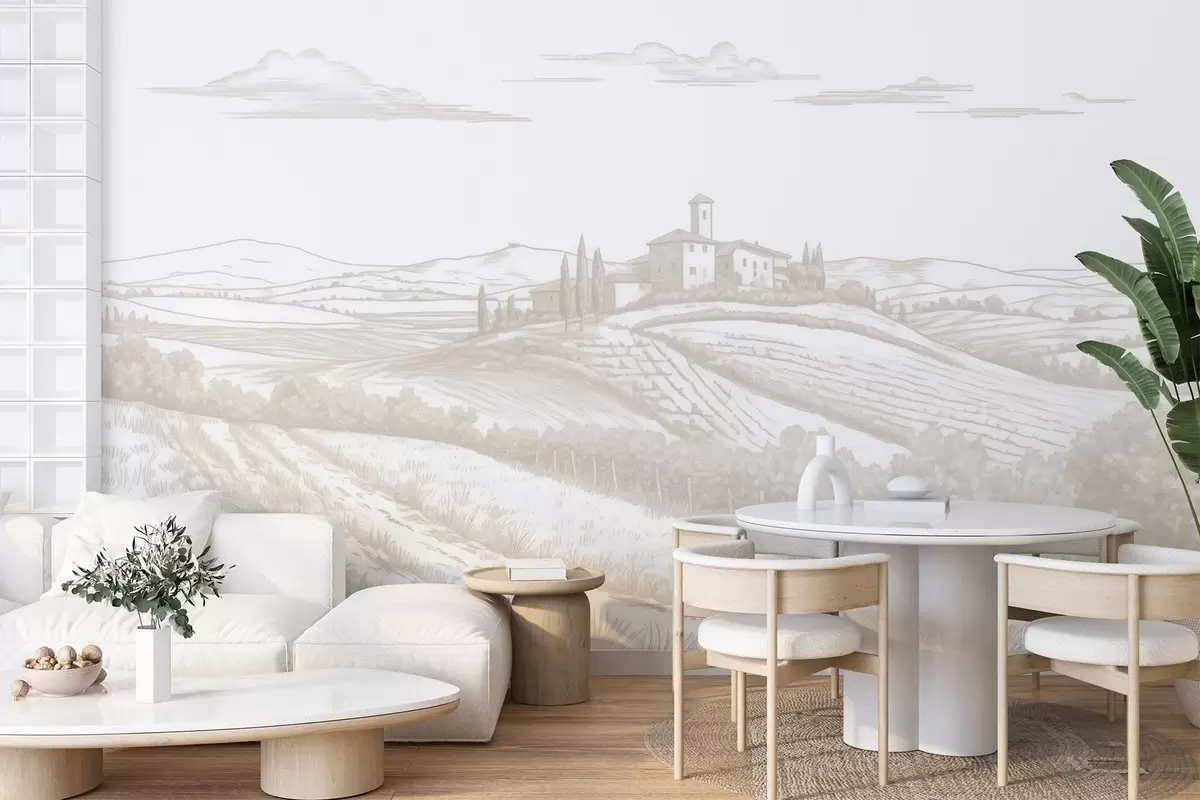 Valokuvatapetti Toscanan maisemat, Italia, viinitarhoja, luonto, vanha linna, beige värit w03349