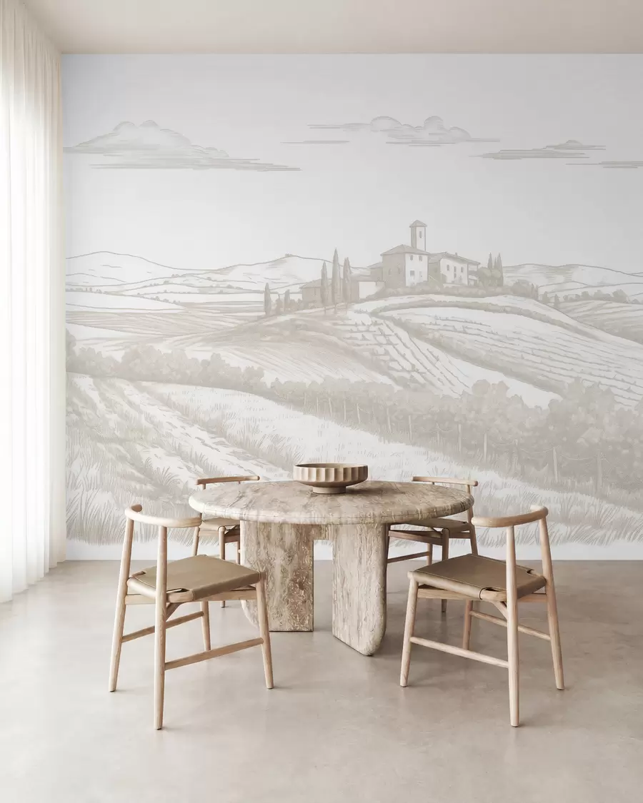 Valokuvatapetti Toscanan maisemat, Italia, viinitarhoja, luonto, vanha linna, beige värit w03349