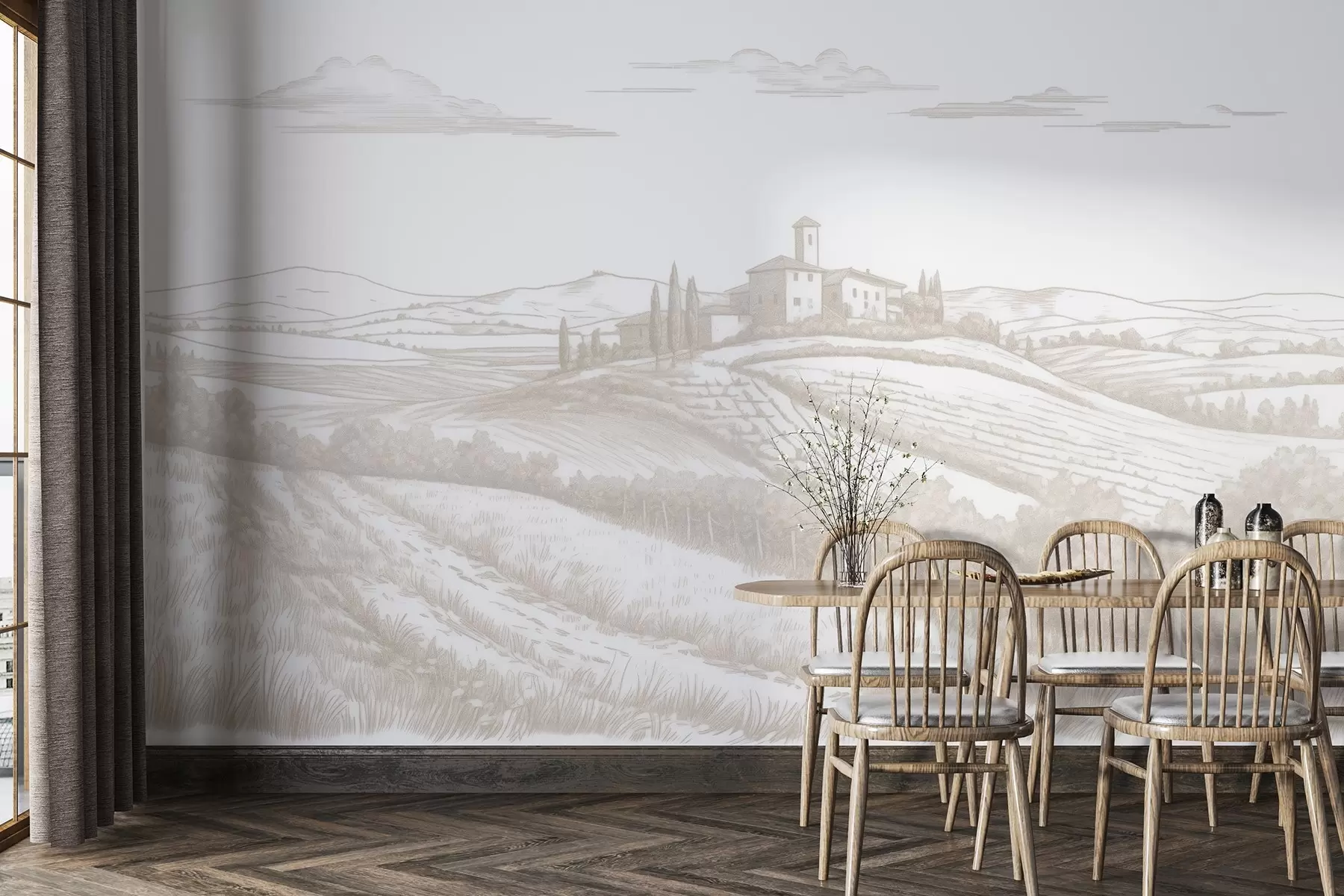Valokuvatapetti Toscanan maisemat, Italia, viinitarhoja, luonto, vanha linna, beige värit w03349