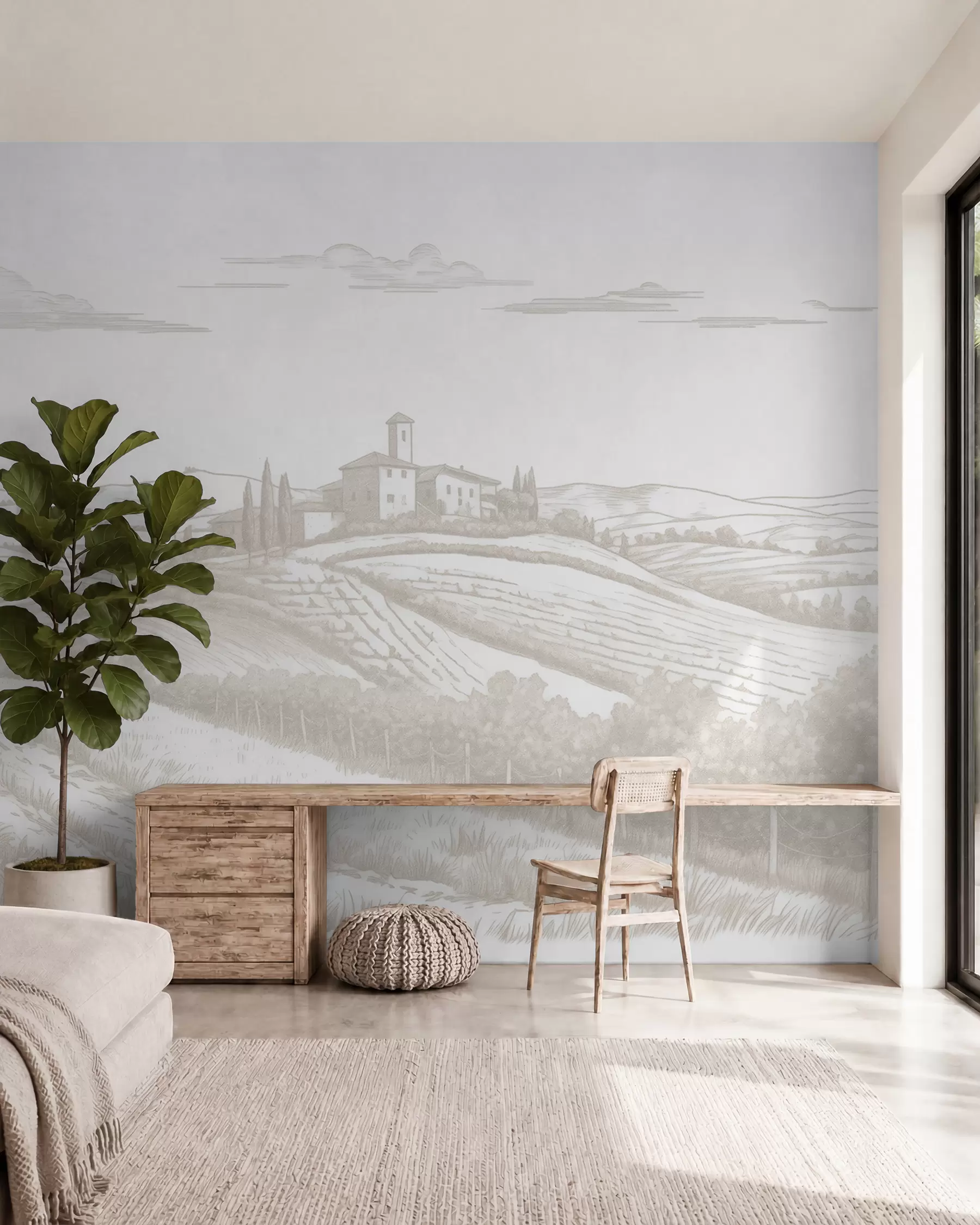Valokuvatapetti Toscanan maisemat, Italia, viinitarhoja, luonto, vanha linna, beige värit w03349