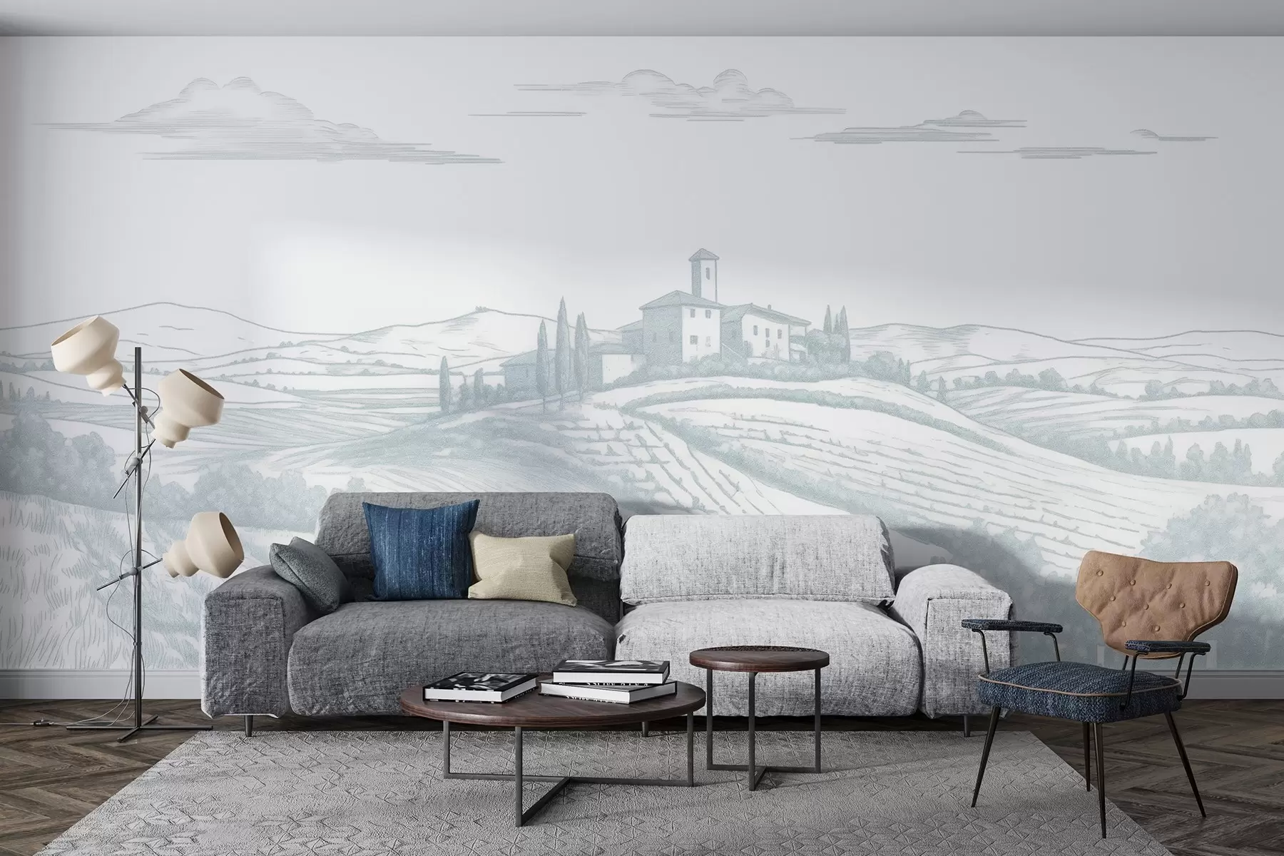 Valokuvatapetti Toscanan maisemat, Italia, viinitarhoja, luonto, vanha linna, siniset värit w03349v1