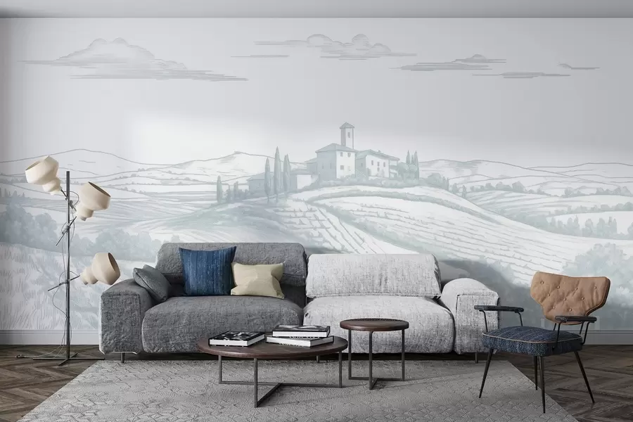 Valokuvatapetti Toscanan maisemat, Italia, viinitarhoja, luonto, vanha linna, siniset värit w03349v1