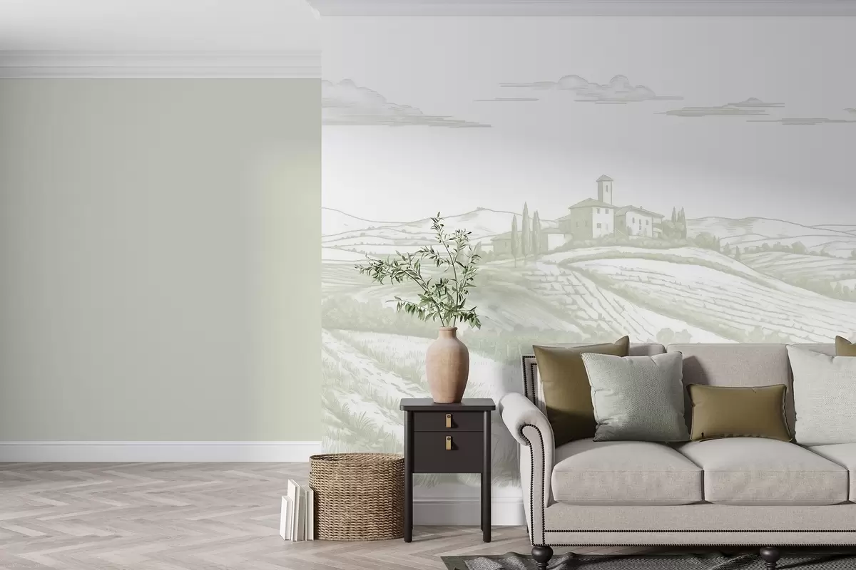 Valokuvatapetti Toscanan maisemat, Italia, viinitarhoja, luonto, vanha linna, vihreät värit w03349v2