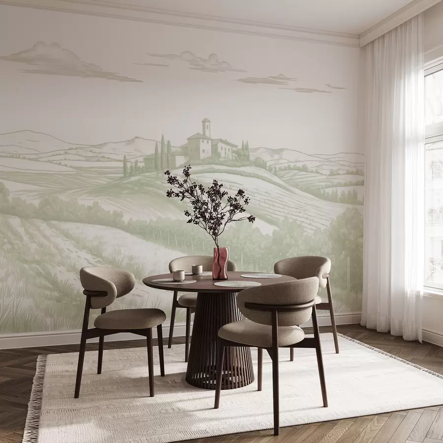 Valokuvatapetti Toscanan maisemat, Italia, viinitarhoja, luonto, vanha linna, vihreät värit w03349v2