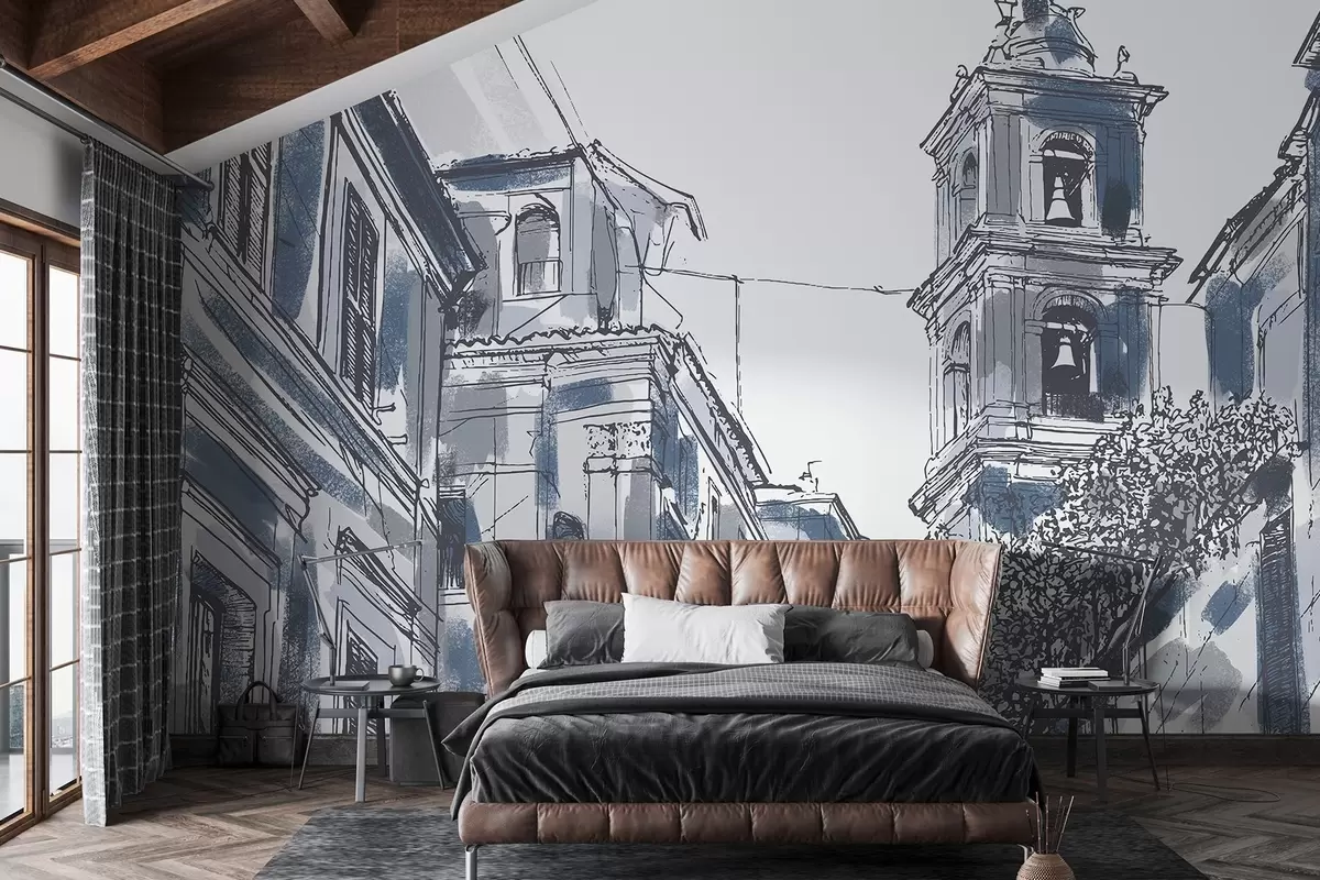 Valokuvatapetti Välimeren kaupungin katu, kappeli, arkkitehtuuri, harmaa ja sininen väri w03350