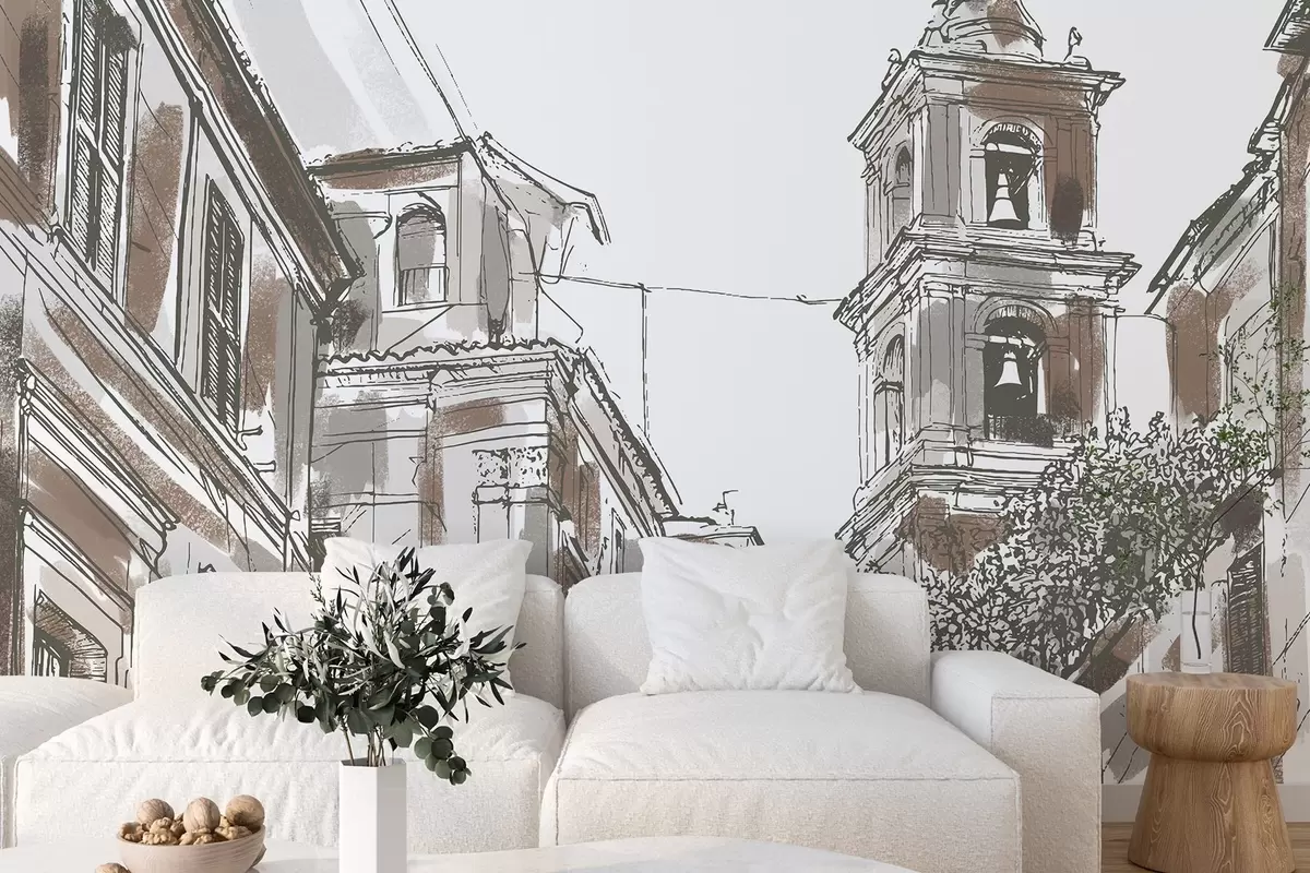 Valokuvatapetti Välimeren kaupungin katu, kappeli, arkkitehtuuri, beige ja ruskeat värit w03350v1