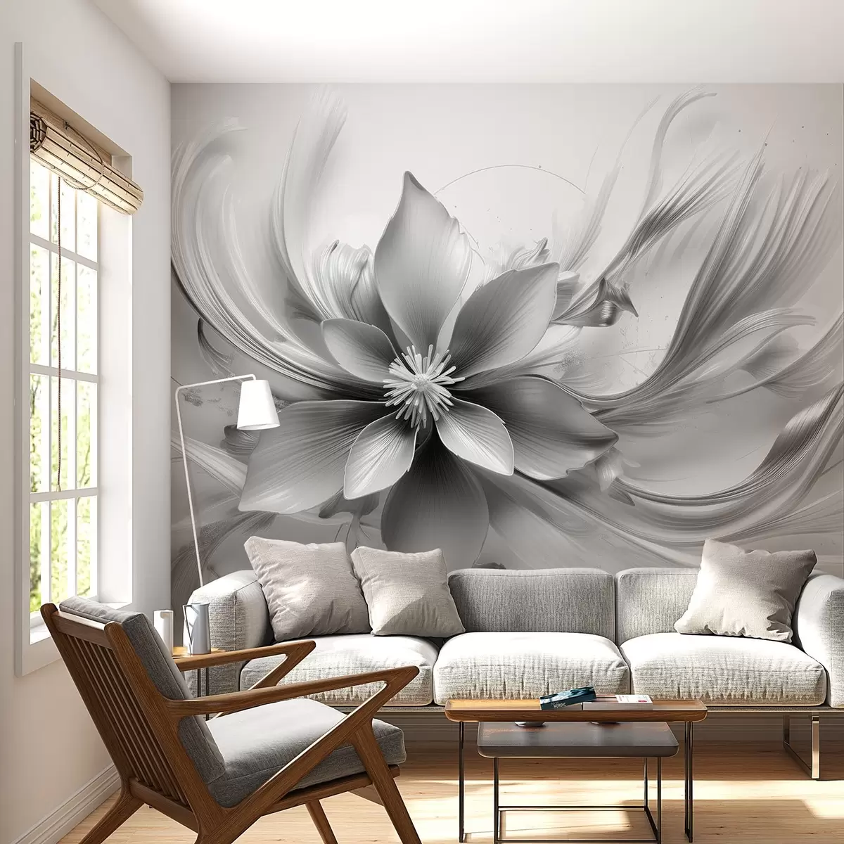Valokuvatapetti Suuri abstrakti kukka mustavalkoiseen tyyliin w08903v2