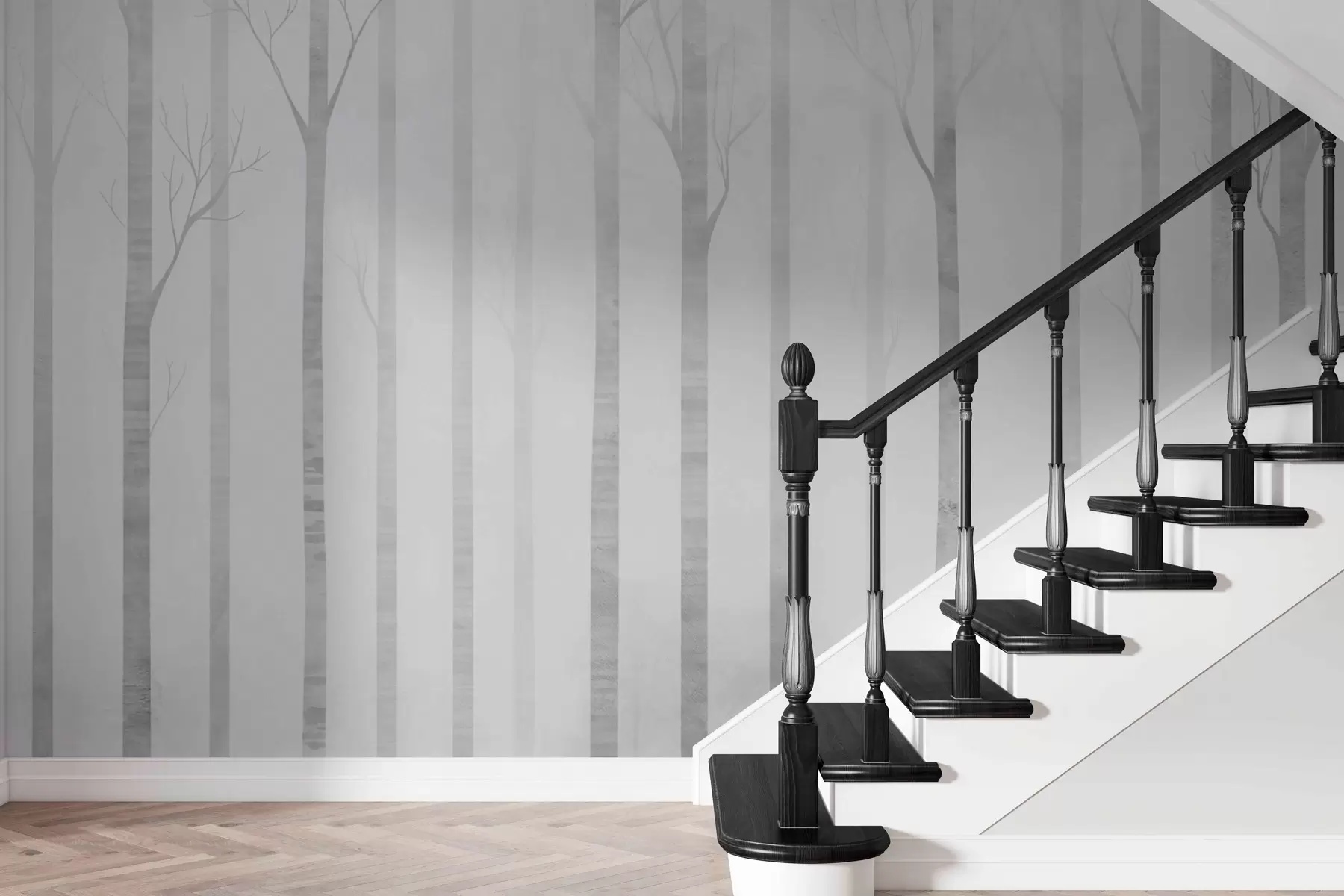 Valokuvatapetti Puiden rungot sumussa harmaasävyinä w03386