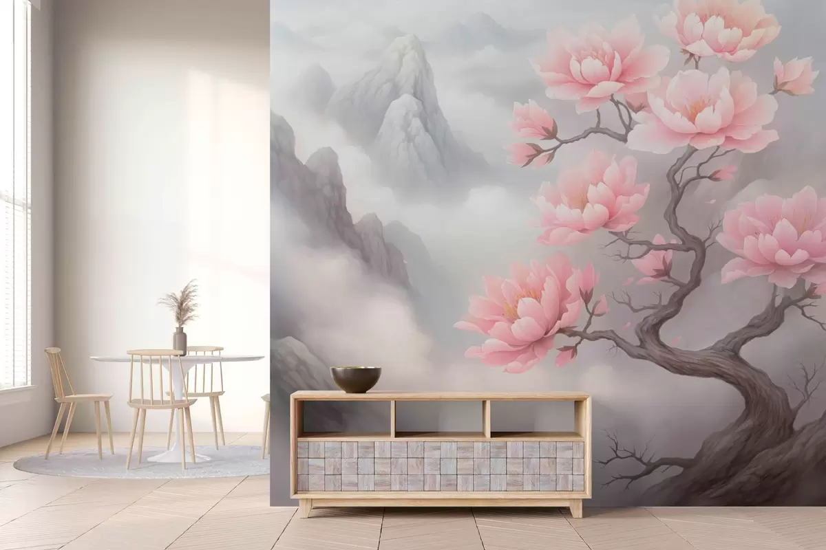 Valokuvatapetti Kuiva puu, jolla on suuria kukkia vuorenrinteessä w03388