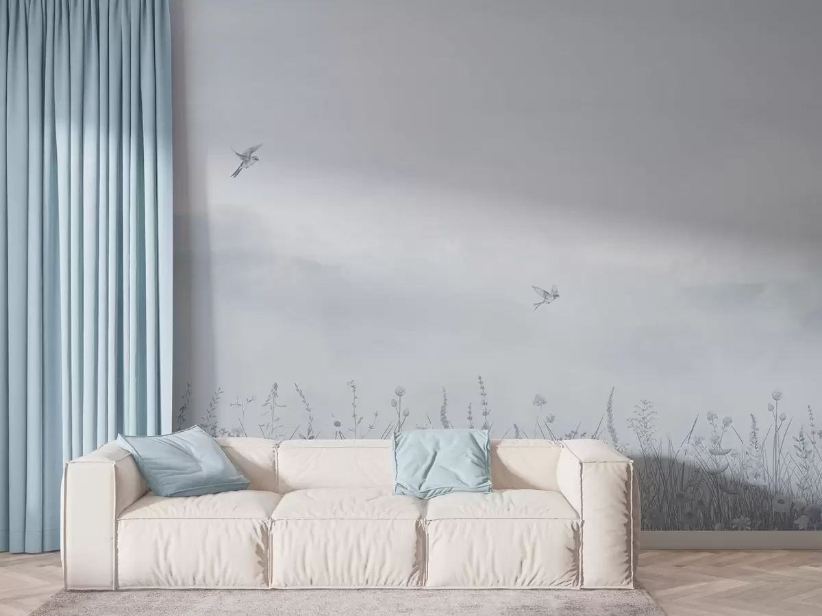 Valokuvatapetti Luonnonkukkia ja sumuinen taivas sinisin sävyin w03391v1