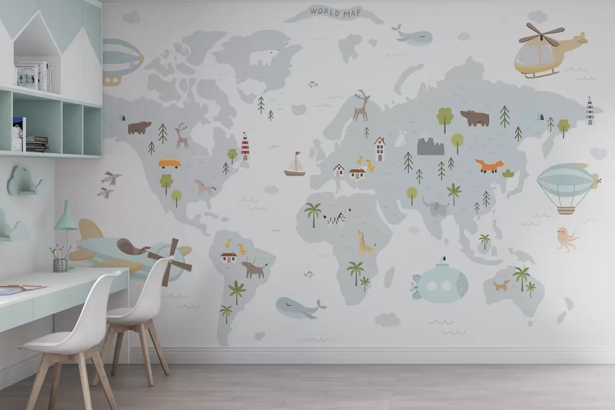 Valokuvatapetti Lasten maailmankartta, jossa on eläimiä ja lentokoneita w03392