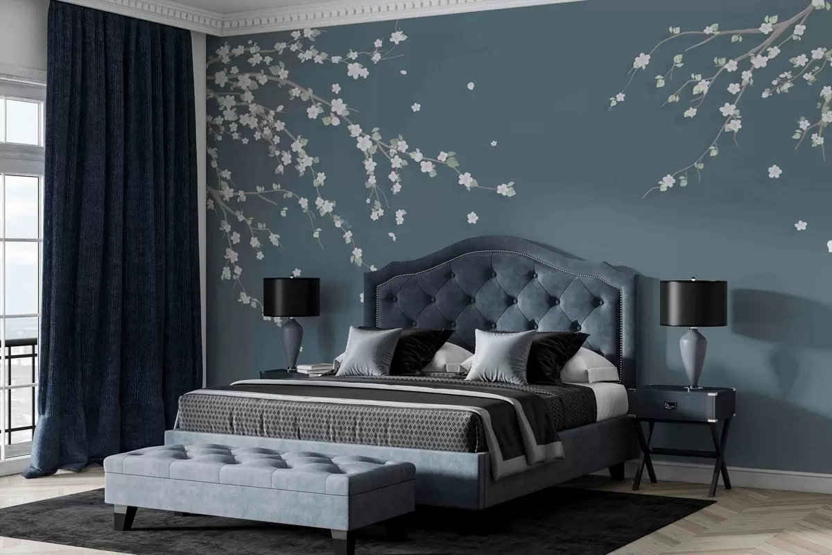 Valokuvatapetti Kukkiva oksa seinän taustalla sinisessä grunge-tyylissä w03393v1