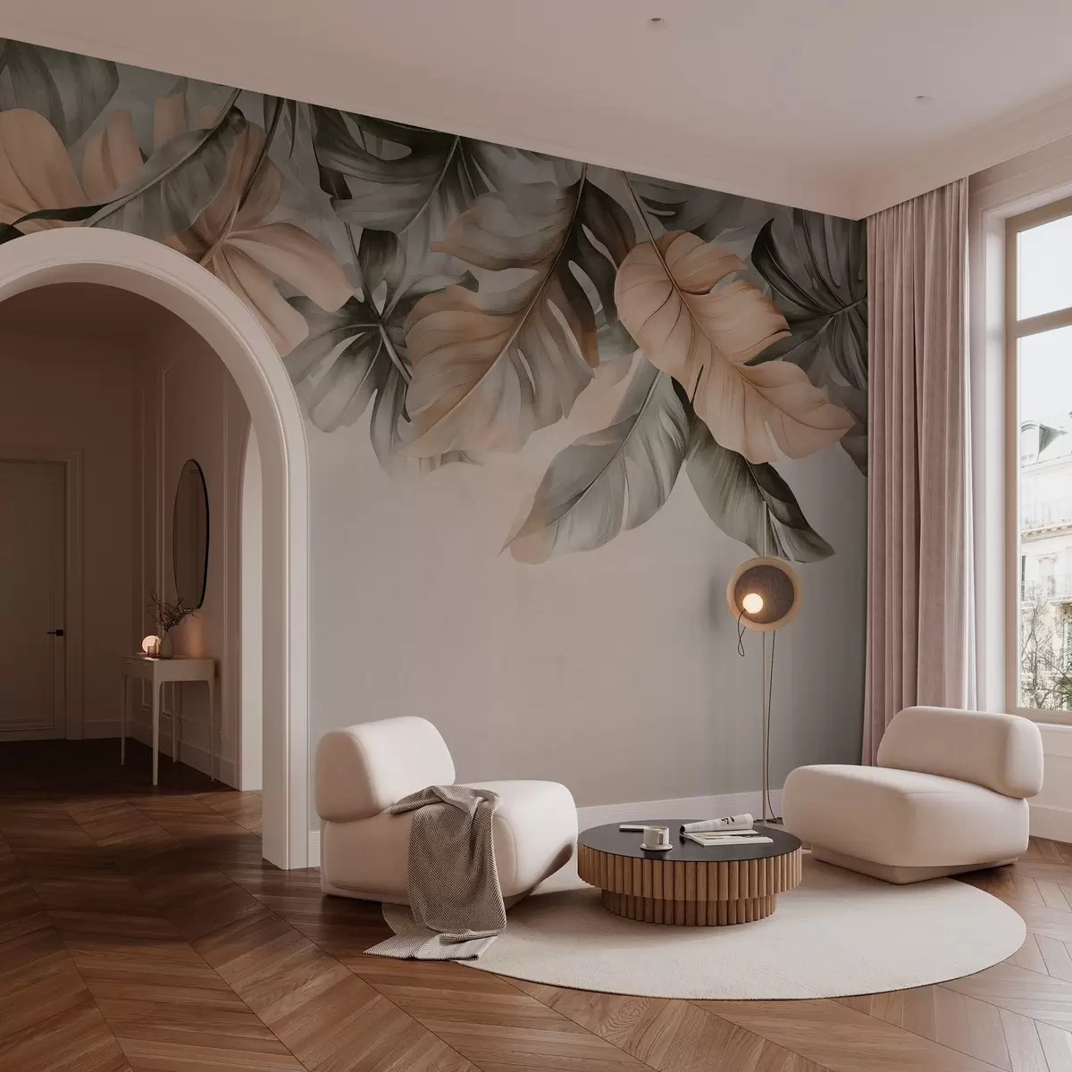 Valokuvatapetti Trooppiset lehdet roikkuvat yläreunasta, kuvioidulla taustalla w03290