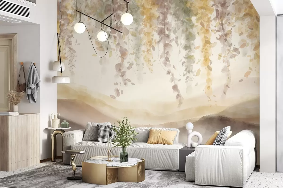 Valokuvatapetti Wisteria lehdet roikkuu yli sininen vuoret, pehmeä pastelli keltainen ja ruskea värit, akvarelli tyyli maisema w08909v1