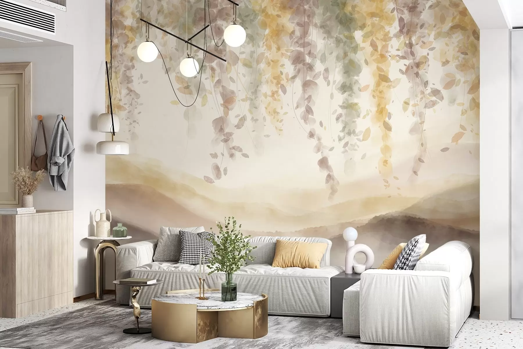 Valokuvatapetti Wisteria lehdet roikkuu yli sininen vuoret, pehmeä pastelli keltainen ja ruskea värit, akvarelli tyyli maisema w08909v1