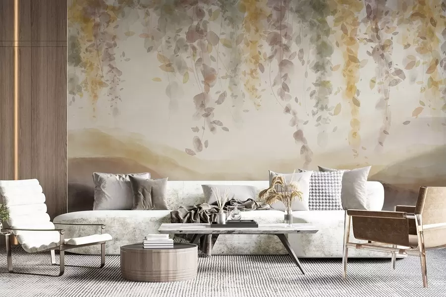 Valokuvatapetti Wisteria lehdet roikkuu yli sininen vuoret, pehmeä pastelli keltainen ja ruskea värit, akvarelli tyyli maisema w08909v1