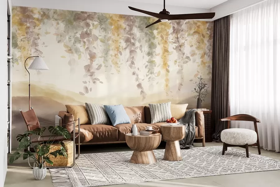 Valokuvatapetti Wisteria lehdet roikkuu yli sininen vuoret, pehmeä pastelli keltainen ja ruskea värit, akvarelli tyyli maisema w08909v1