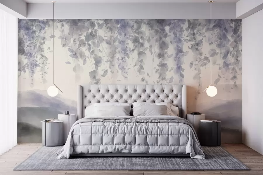 Valokuvatapetti Wisteria lehdet roikkuu yli sininen vuoret, pehmeä pastelli sininen ja harmaa värit, akvarelli tyyli maisema w08909