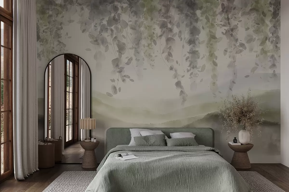 Valokuvatapetti Wisteria lehdet roikkuu yli sininen vuoret, pehmeä pastelli vihreä ja beige värit, akvarelli tyyli maisema w08909v2