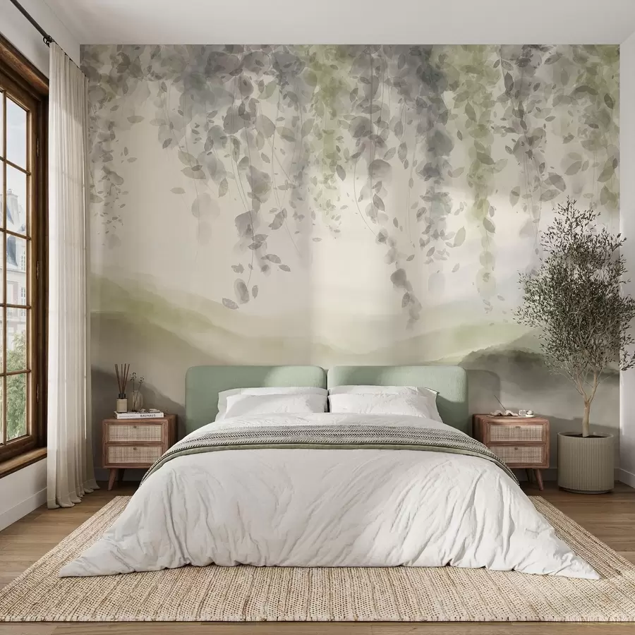Valokuvatapetti Wisteria lehdet roikkuu yli sininen vuoret, pehmeä pastelli vihreä ja beige värit, akvarelli tyyli maisema w08909v2