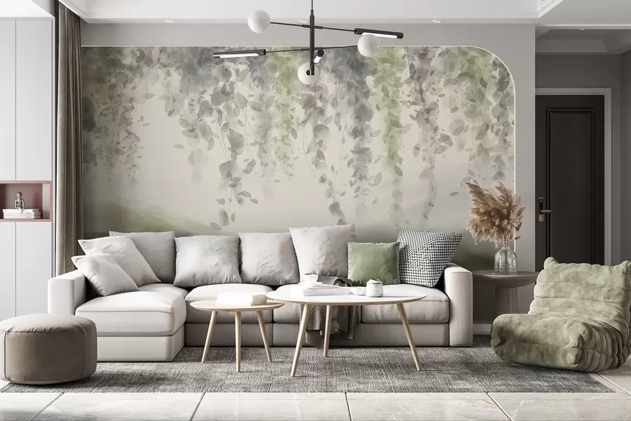 Valokuvatapetti Wisteria lehdet roikkuu yli sininen vuoret, pehmeä pastelli vihreä ja beige värit, akvarelli tyyli maisema w08909v2